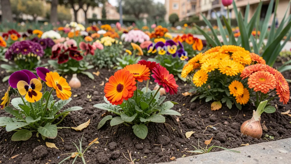 Generic image of autumn flowers being planted in soil, with tulips visible, in a municipal garden setting.