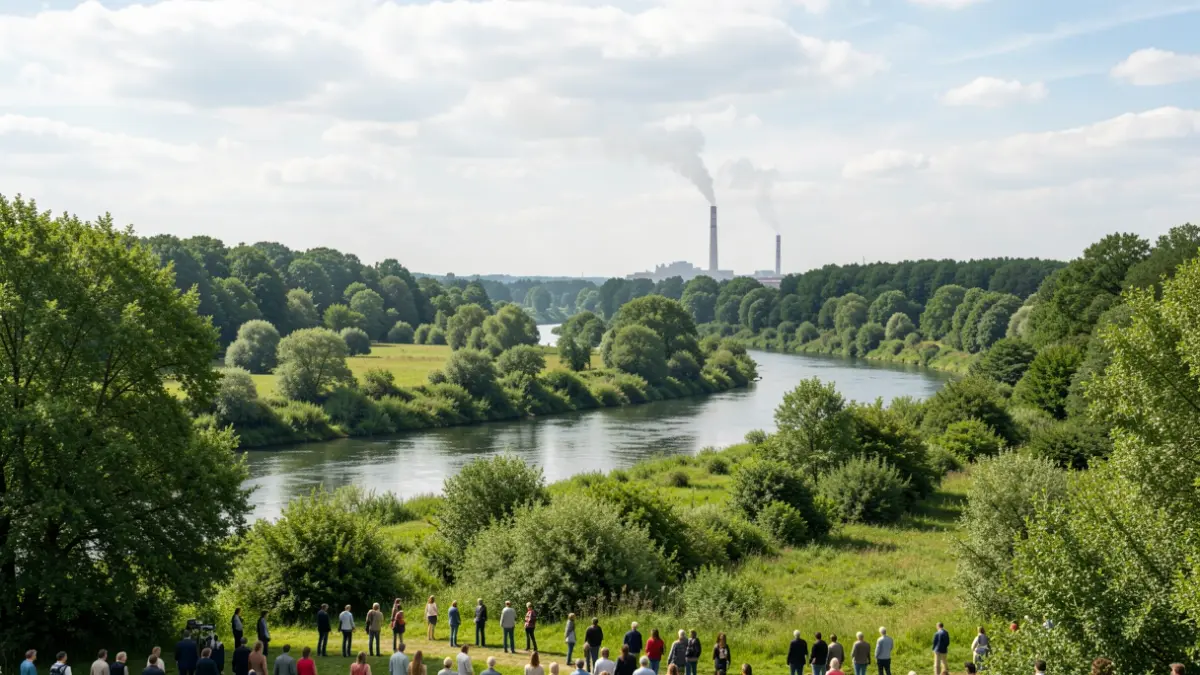 Imagen genérica de un valle fluvial verde con una chimenea industrial a lo lejos.