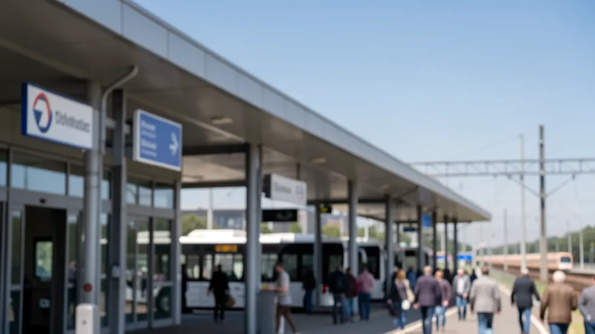 Imagen genérica de un moderno centro de transporte intermodal con bahías de autobuses y vías de tren desenfocadas.