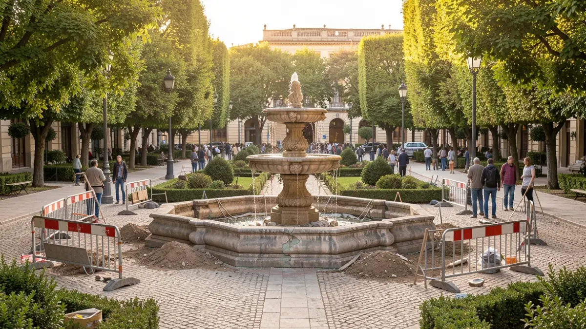Generic image of a public square undergoing renovation, with landscaping elements and ongoing construction work.