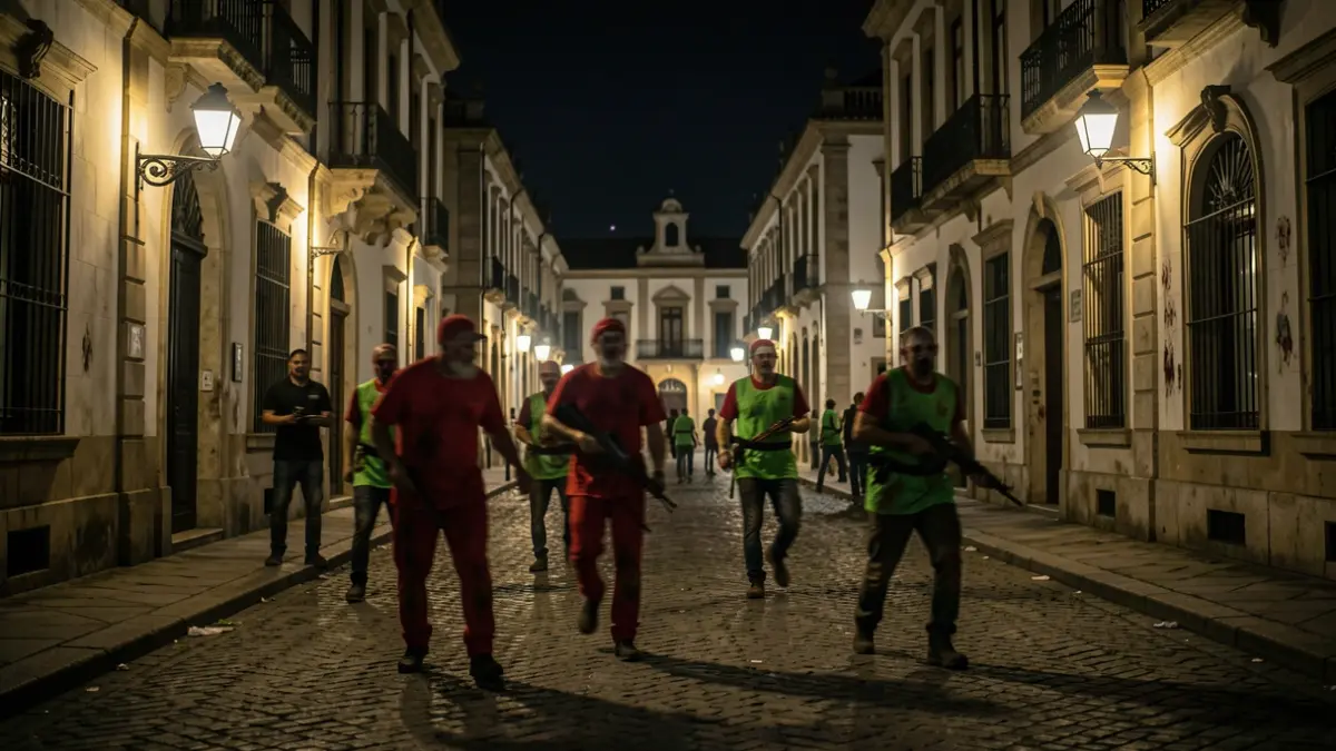 Participants and actors dressed as infected during a zombie survival game night in Aranjuez.