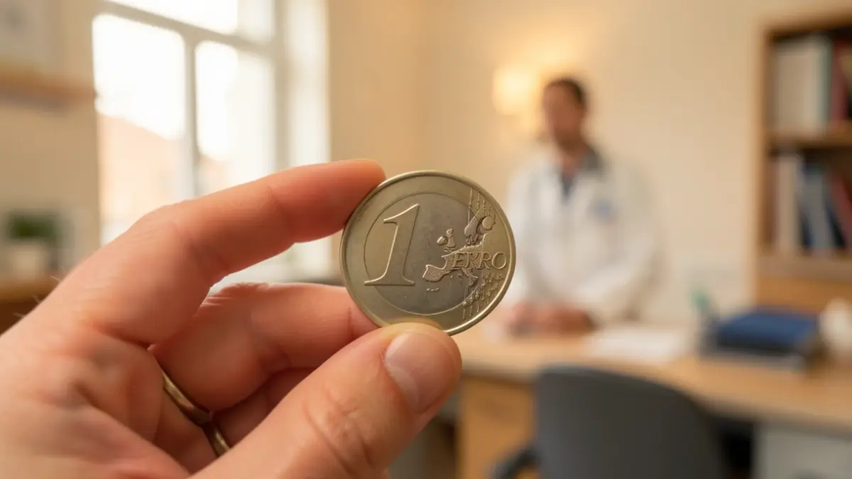 Primer plano de una mano sosteniendo una moneda de 15 euros con un consultorio médico desenfocado al fondo.