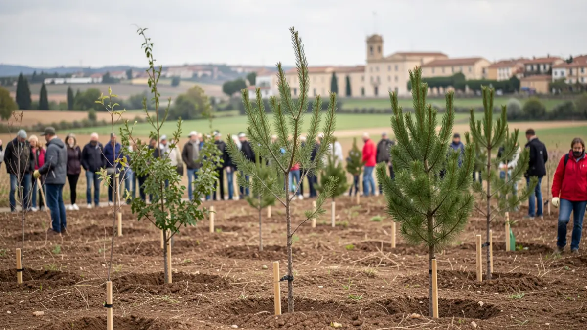 Imagen genérica de una zona municipal en la Comunidad de Madrid con árboles jóvenes siendo plantados por voluntarios.