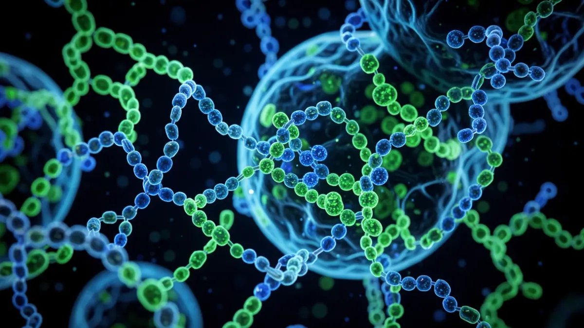 Representación microscópica de moléculas de azúcar y proteínas en células.