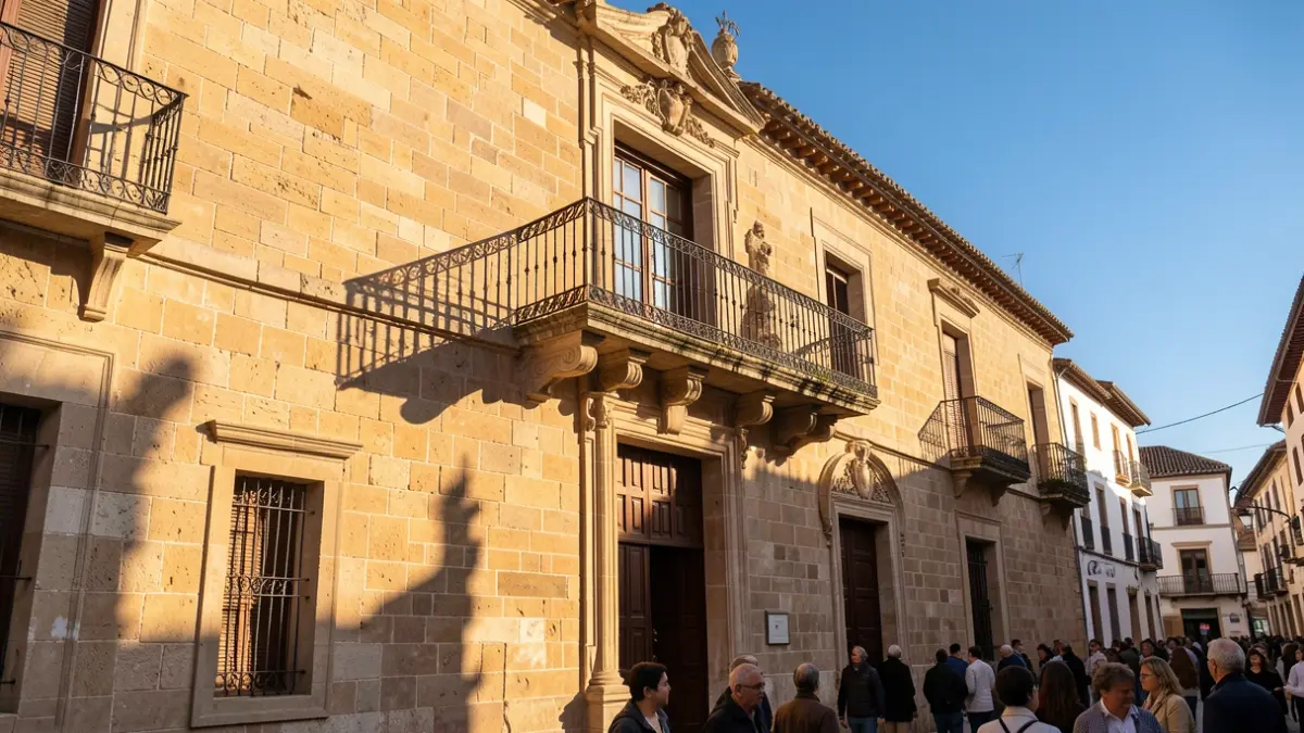 Generic image of a stone town hall facade with a balcony and iron railings, under warm afternoon sunlight.
