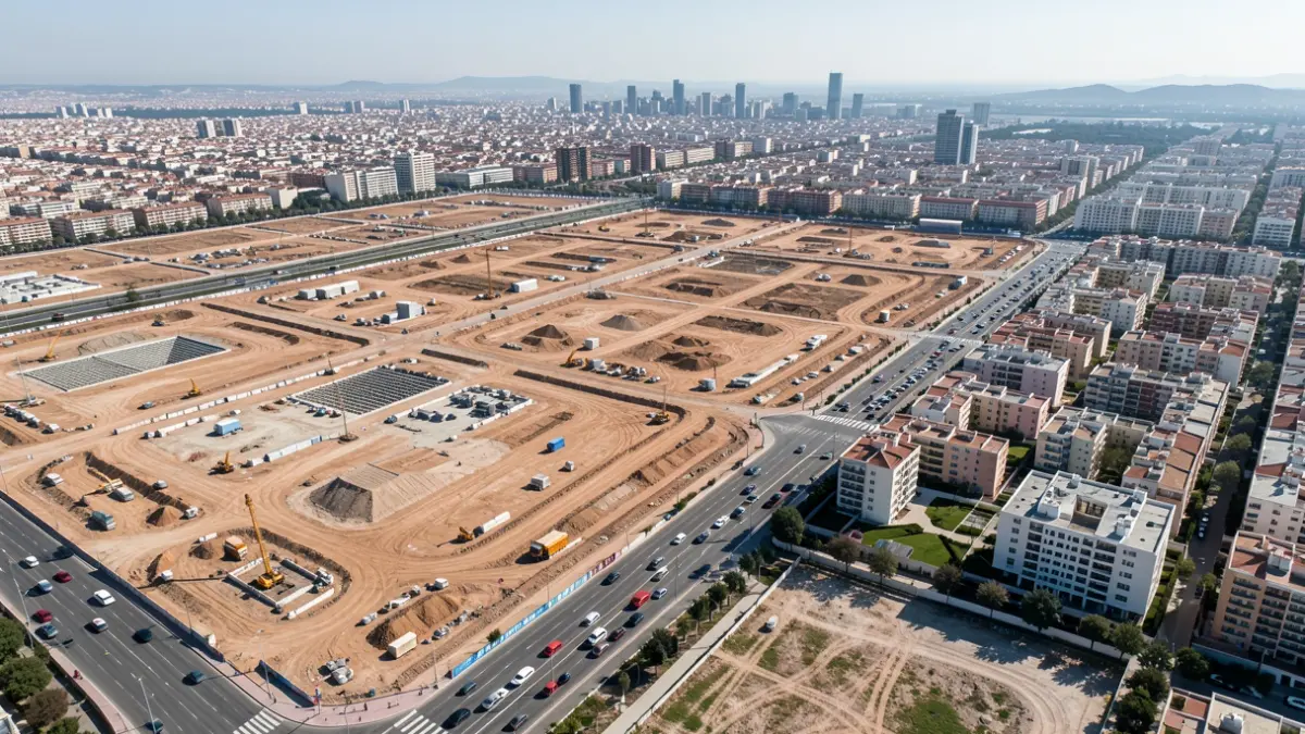 Aerial view of a large urban development in Madrid with construction areas and future housing.