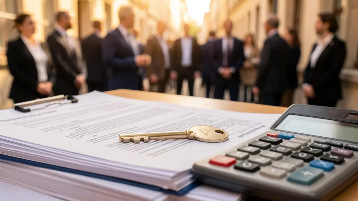 House key on official documents and calculator, symbolizing housing policy and savings.