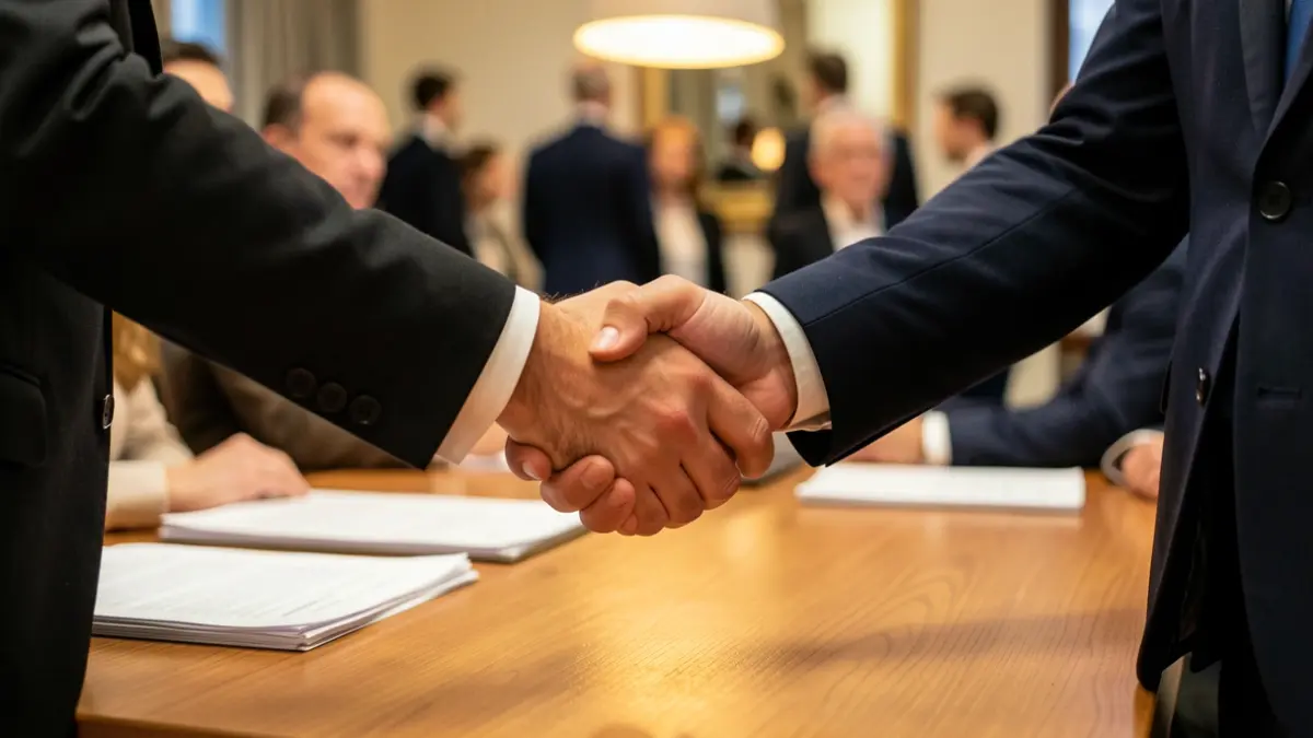 Generic image of hands shaking over a desk with blurred paperwork, representing a business agreement.