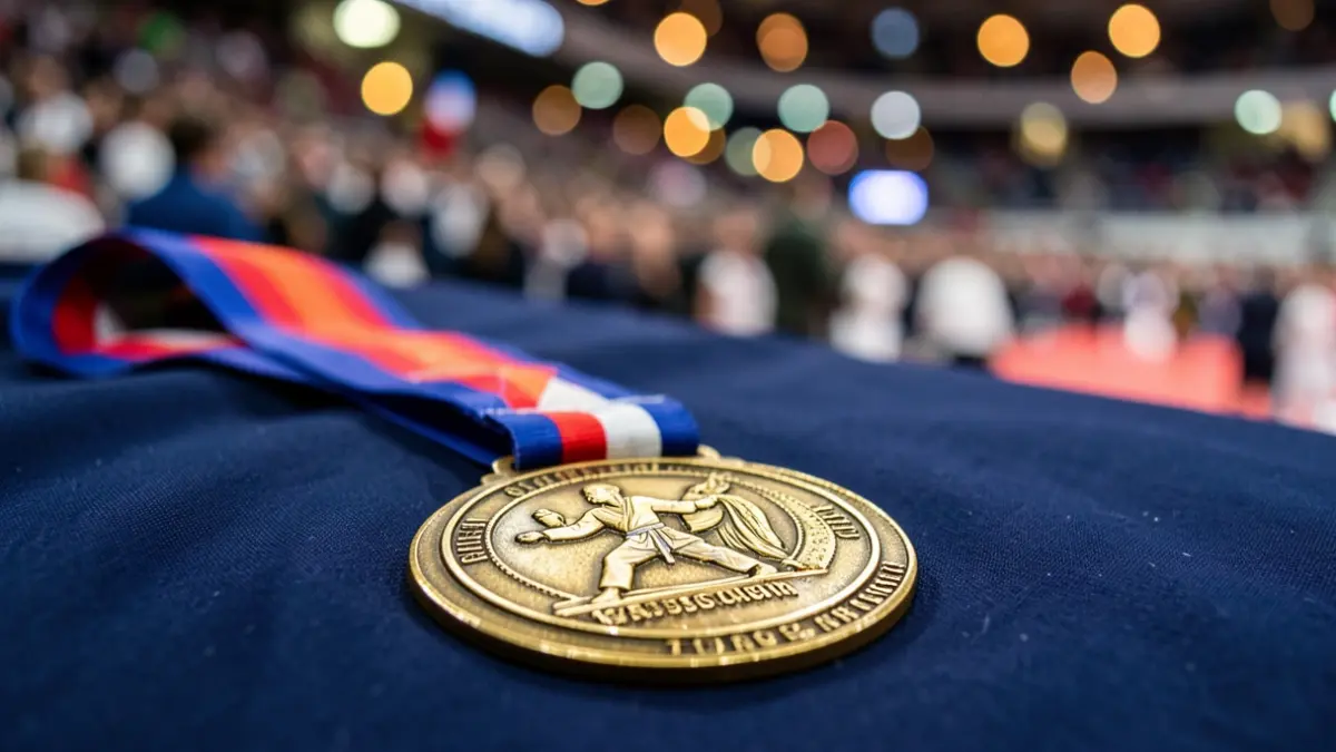 Generic image of a sports medal on blue fabric with blurred background lights.