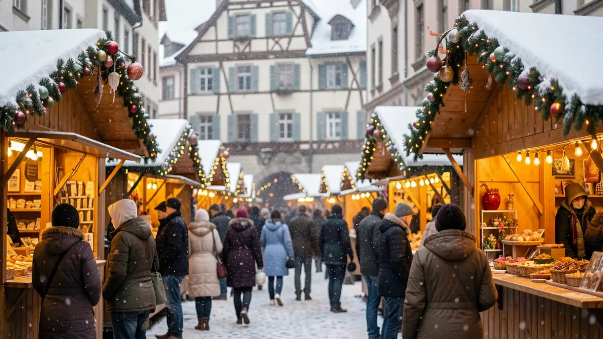 Imagen genérica de un mercado de invierno con puestos de madera decorados con luces y guirnaldas, con nieve cayendo suavemente.