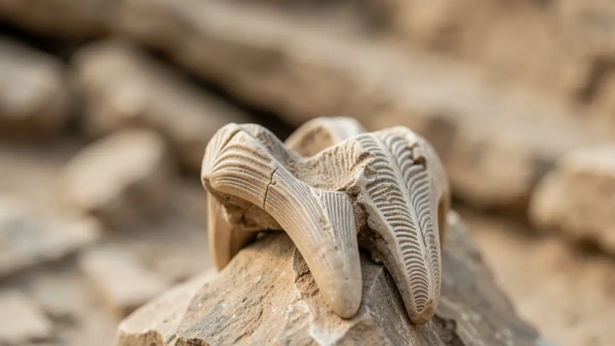 Generic image of fossilized horse teeth with distinct enamel patterns, against a background of ancient geological strata.