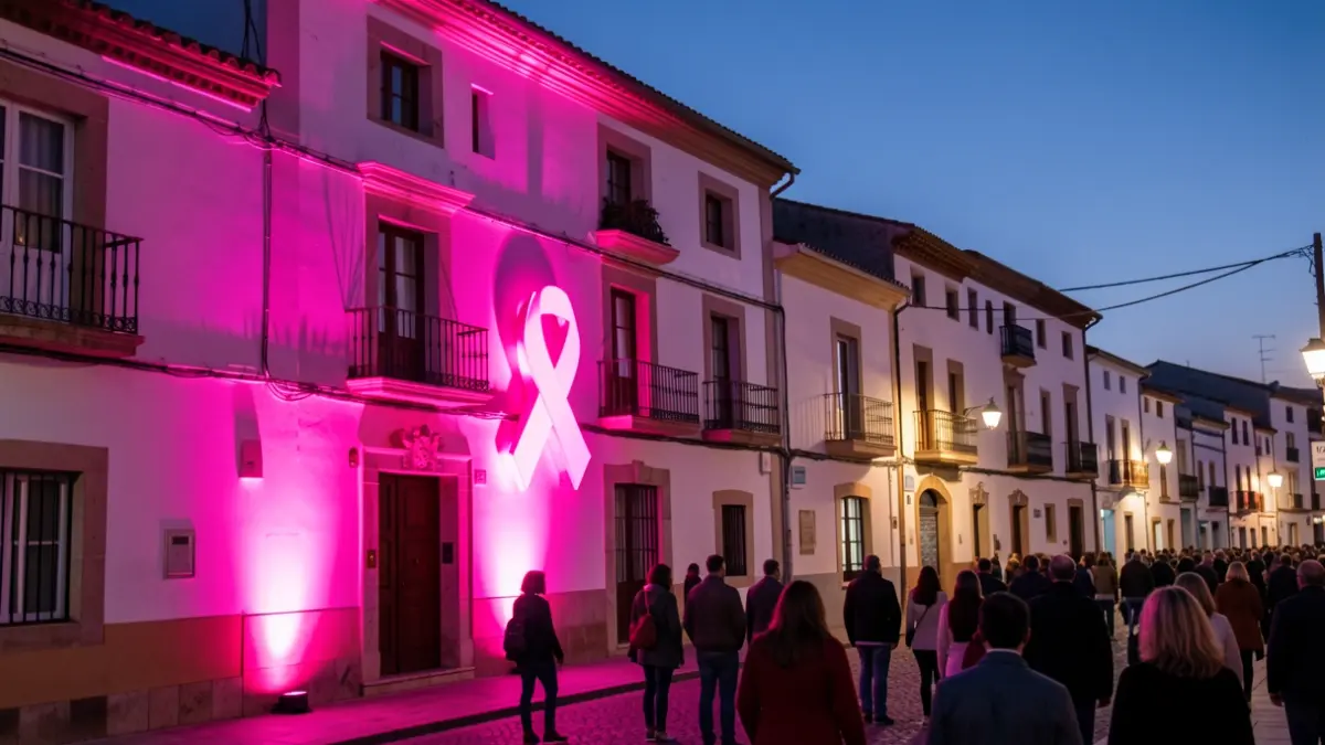 Imagen genérica de un edificio público iluminado de color rosa por la noche.