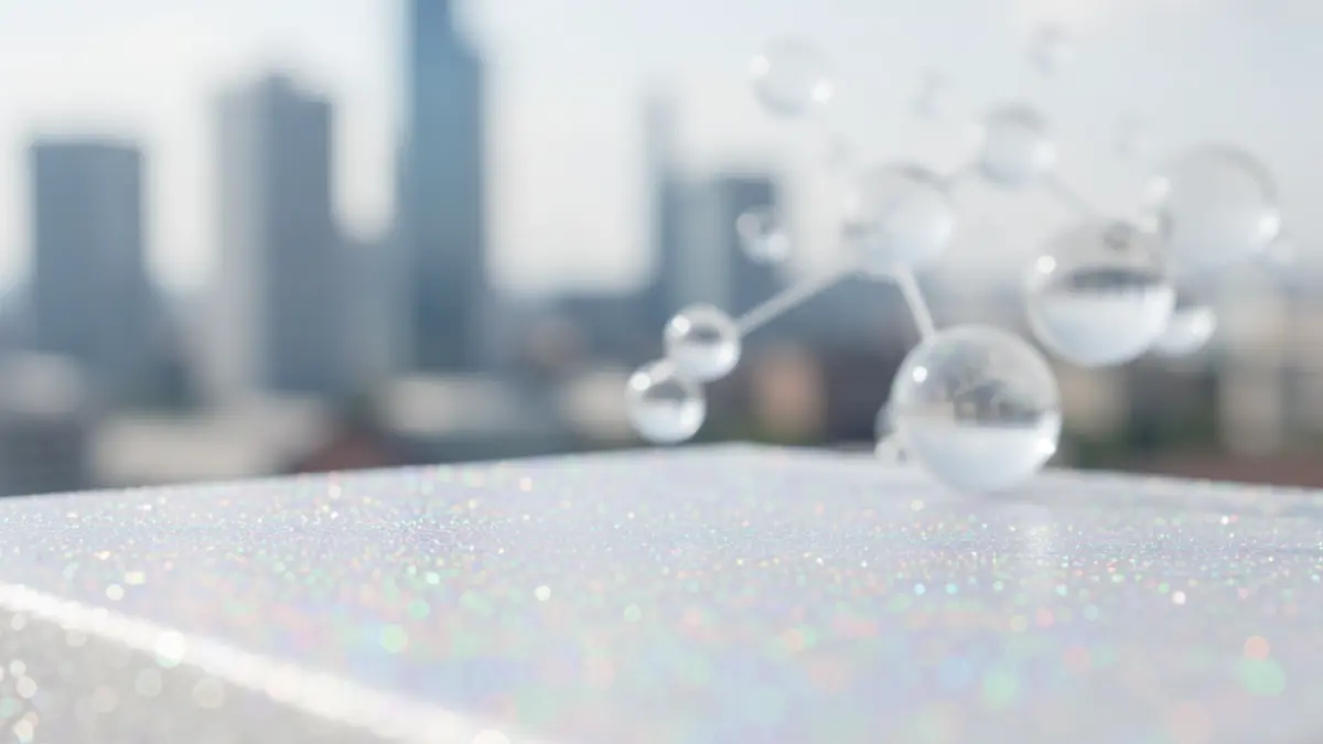 Imagen de un material fotocatalítico con detalles de su textura y un fondo abstracto que evoca infraestructuras urbanas y aire limpio.