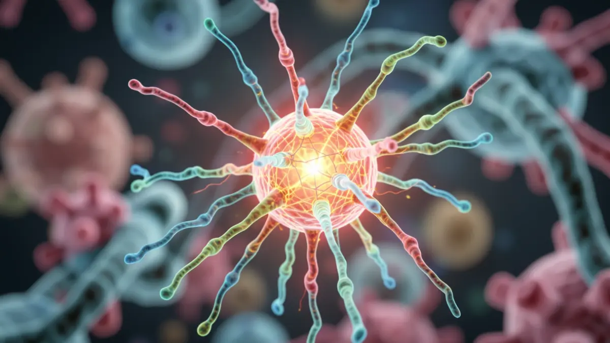 Imagen de un receptor de célula T, representado como una antena molecular compleja, brillando con energía interna contra un fondo borroso de estructuras celulares.