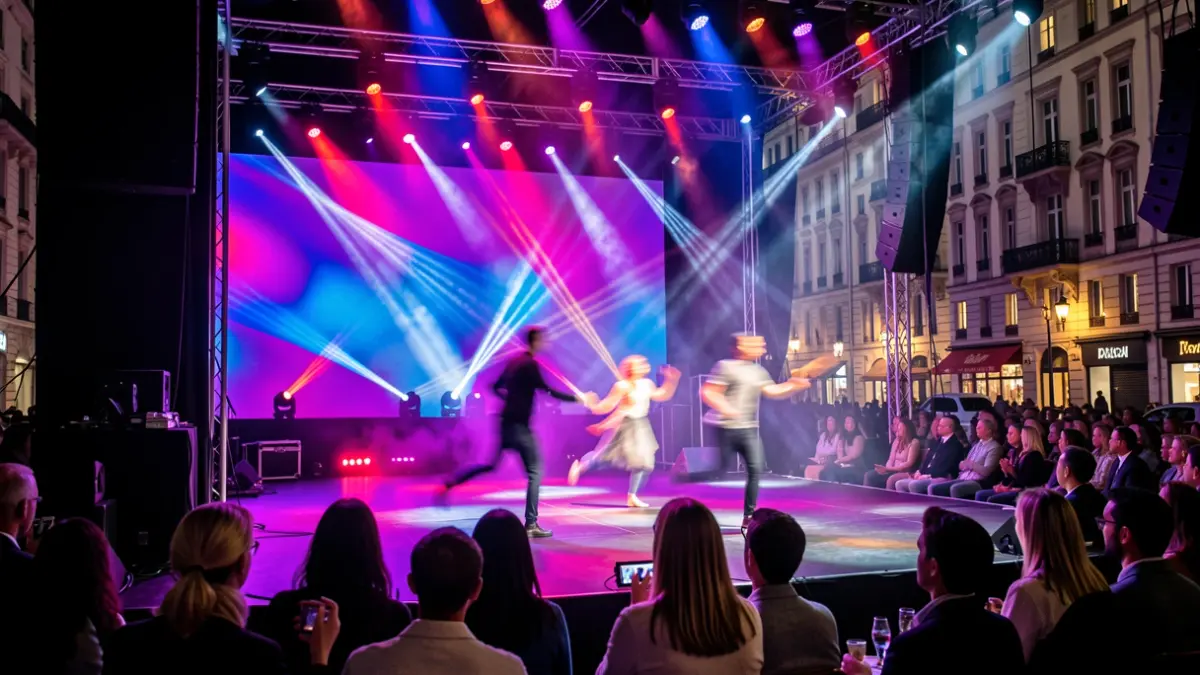 Imagen genérica de un escenario de danza contemporánea con luces abstractas y figuras borrosas en movimiento.