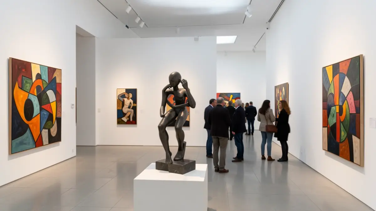 Generic image of a contemporary art gallery with sculptures and paintings.