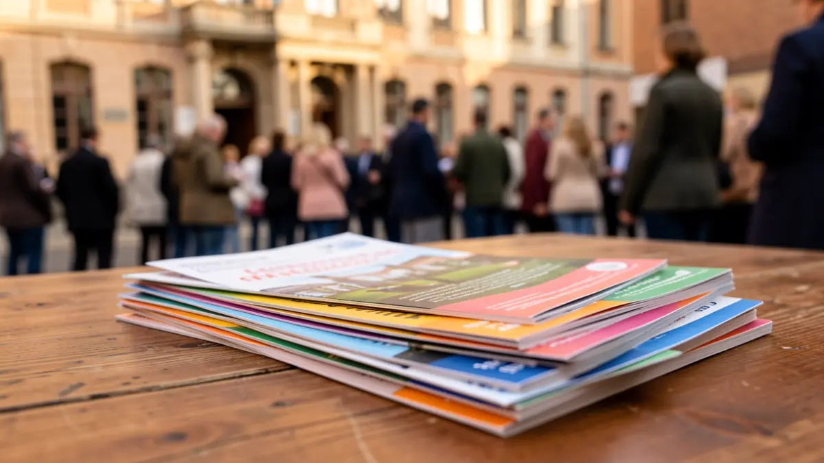 Generic image of informational brochures stacked on a wooden table, with the blurred background of a town hall facade.