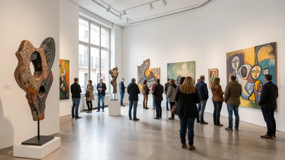 Interior de una galería de arte contemporáneo en Madrid con esculturas y pinturas abstractas.
