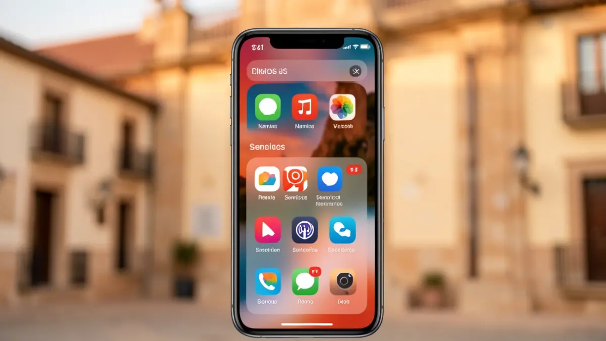Generic image of a mobile phone screen with municipal service icons and a blurred town hall background.