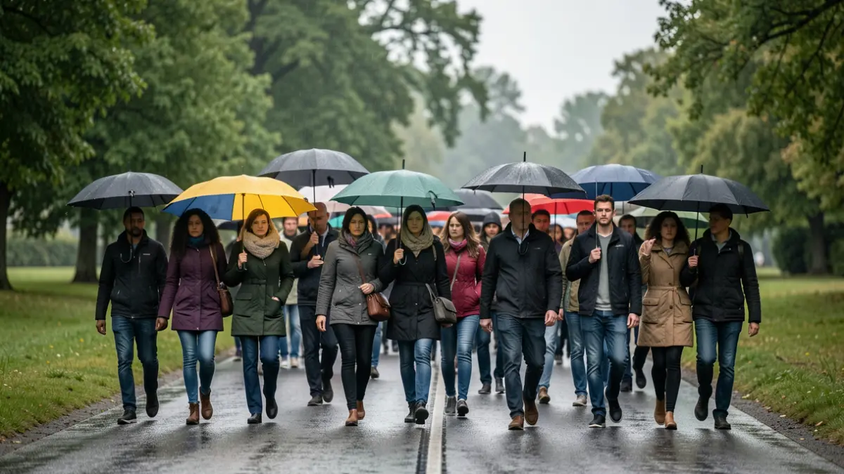 Generic image of a group of people walking in the rain during a solidarity march.