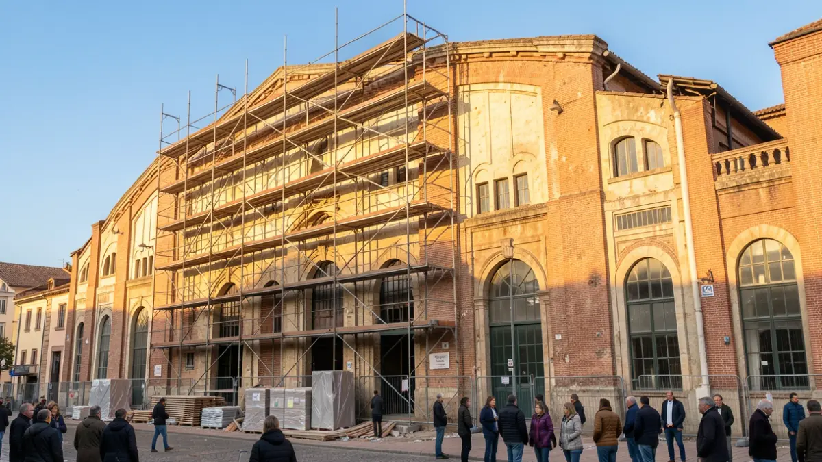 Facade of the old municipal matadero of Ciempozuelos undergoing rehabilitation works.