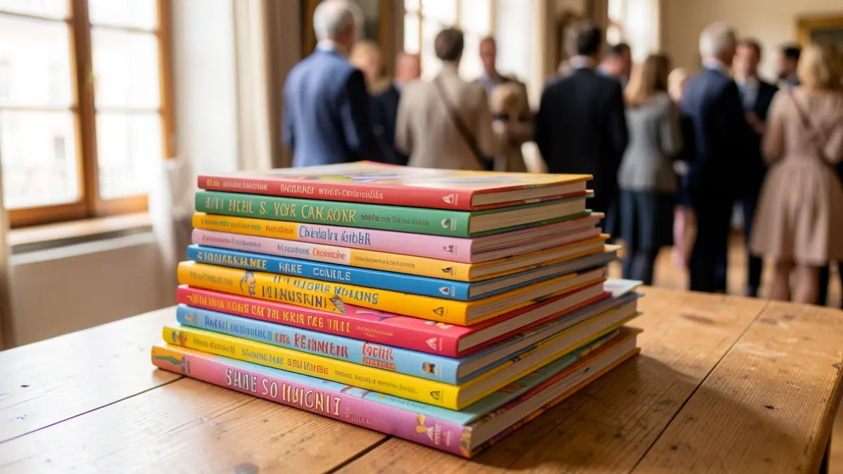 Generic image of a stack of colorful children's books on a wooden table, with soft natural light.
