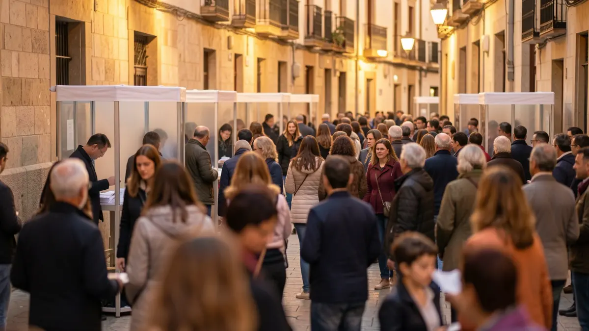 Generic image of citizens participating in a public vote in a Spanish urban setting.