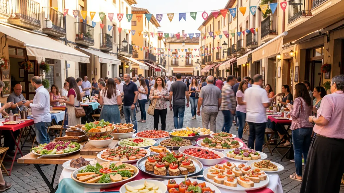 Imagen genérica de una plaza de pueblo español durante un festival gastronómico con tapas expuestas y gente disfrutando.