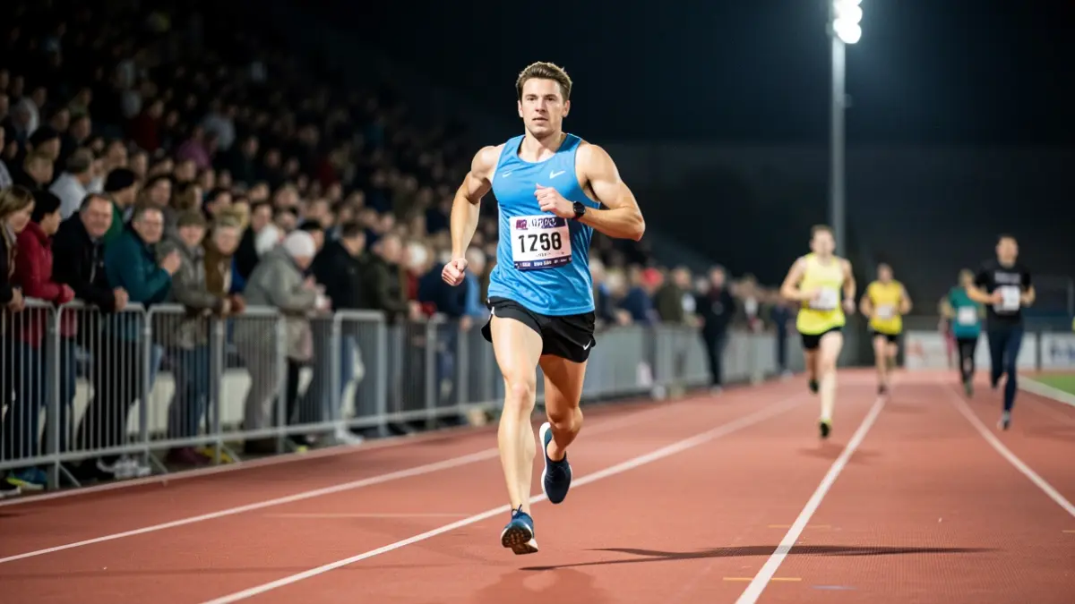 Imagen genérica de un corredor en una pista de atletismo por la noche, con luces de estadio y público borroso al fondo.