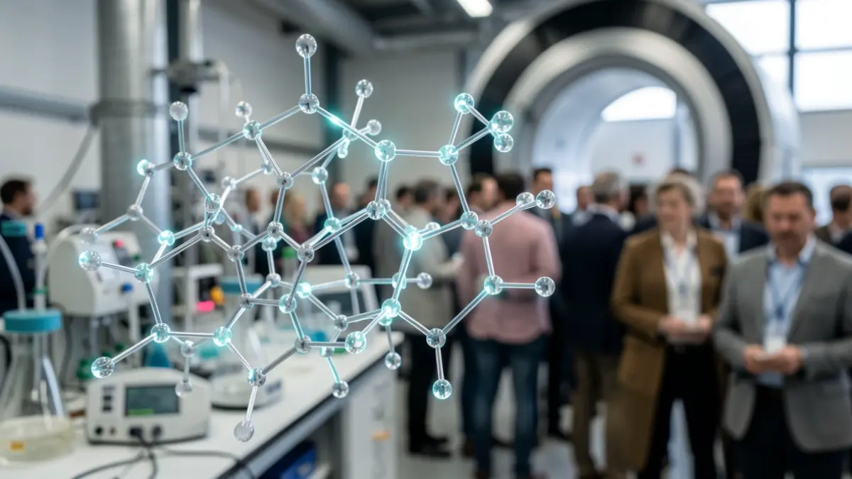 Image of a complex molecular structure with glowing connections, against a background of laboratory equipment and a synchrotron.