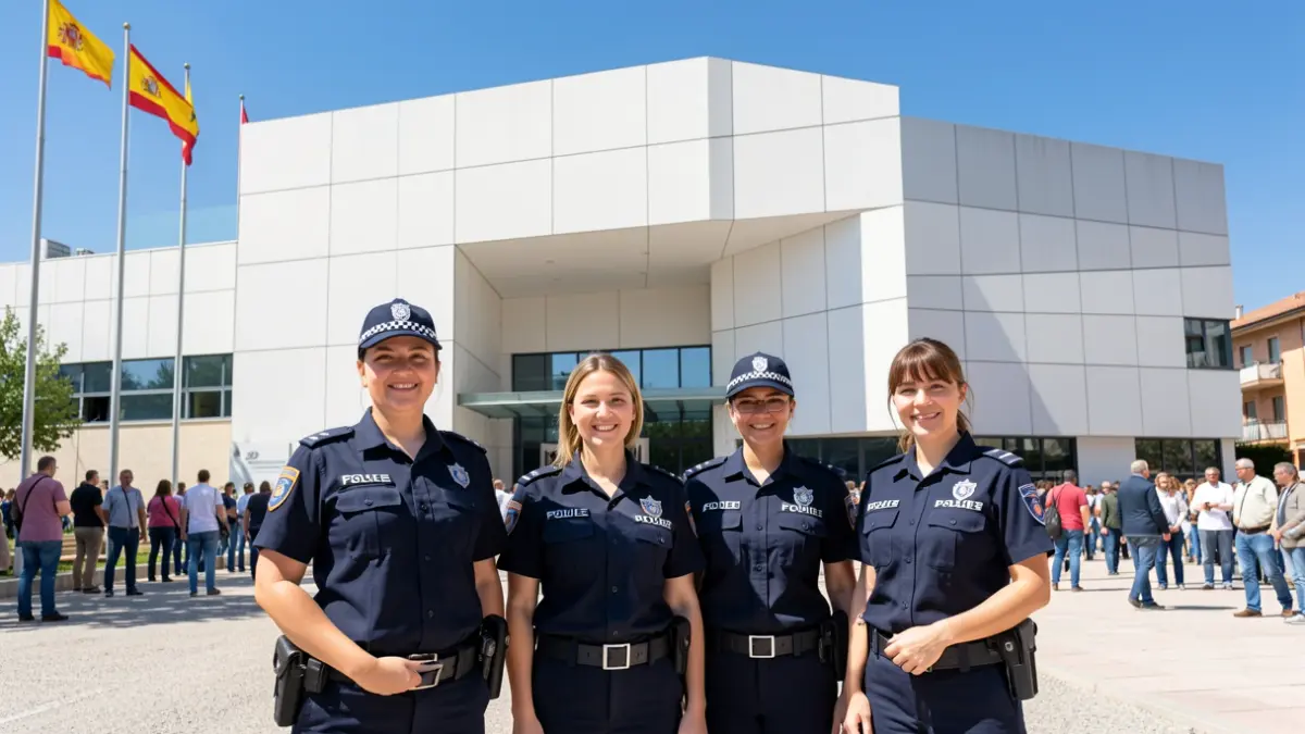 Generic image of four women police officers smiling in front of a municipal building.