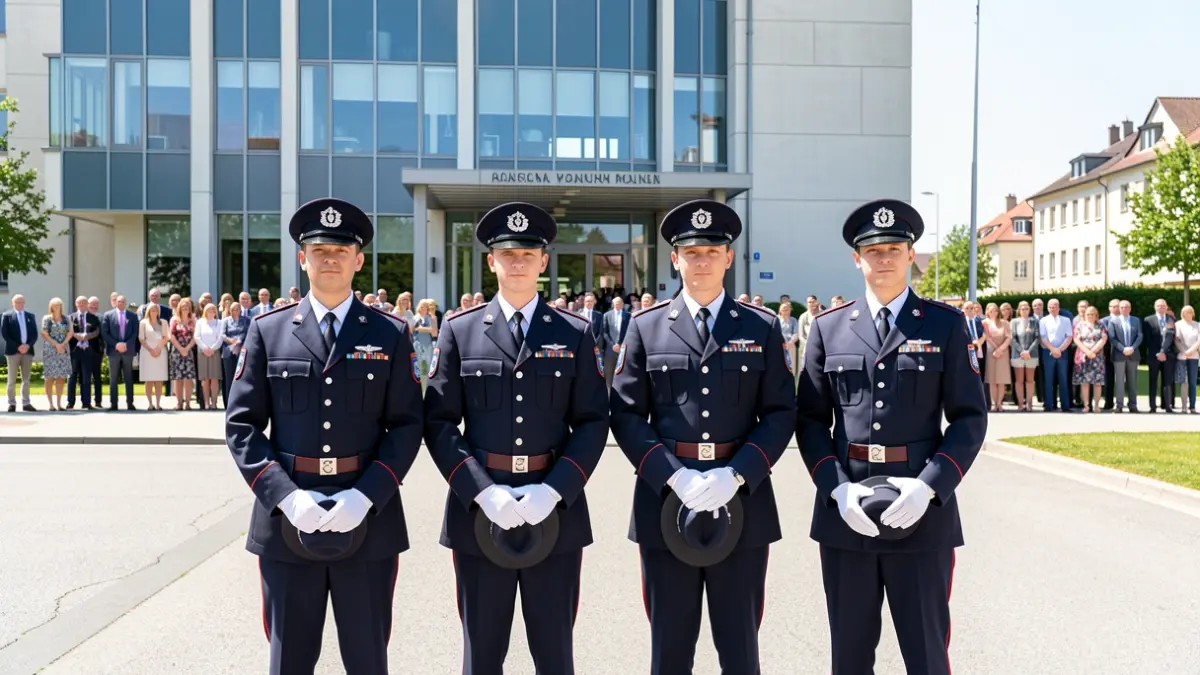 Generic image of four uniformed local police officers in front of an institutional building.