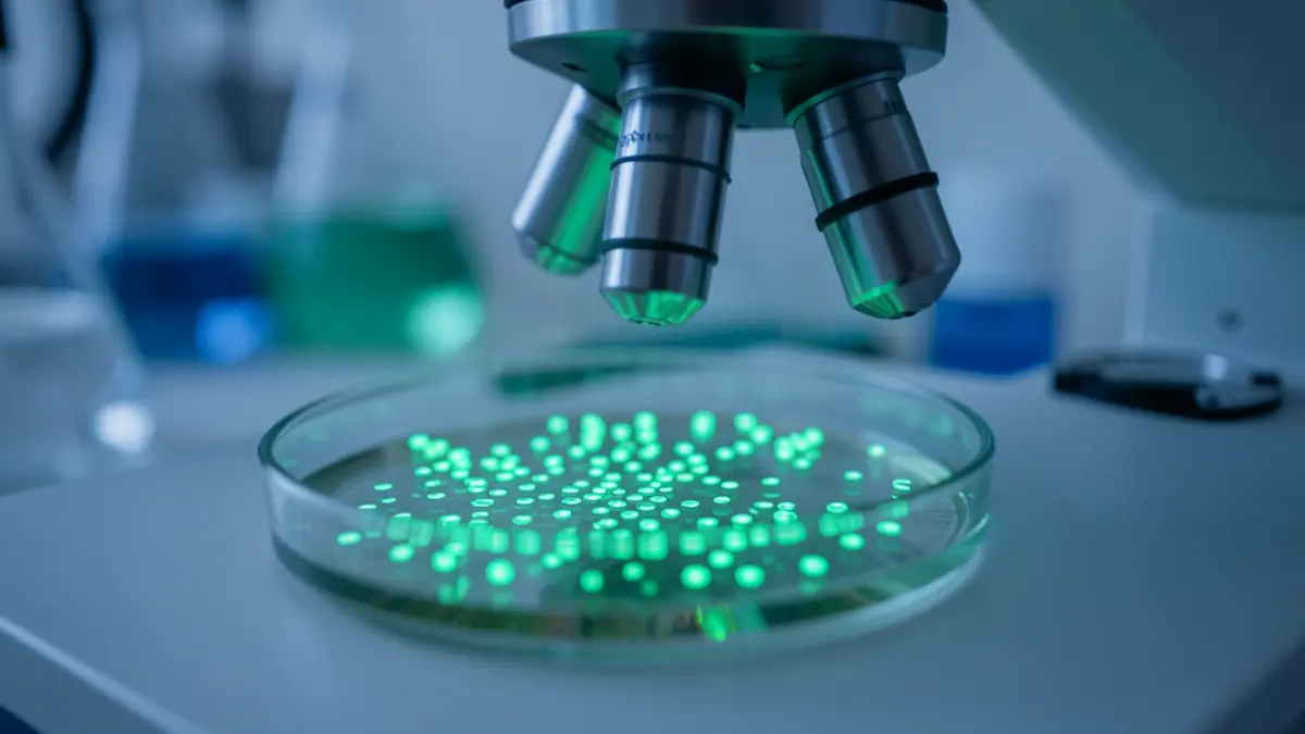 Generic image of a petri dish with glowing cells under a microscope, representing scientific research.