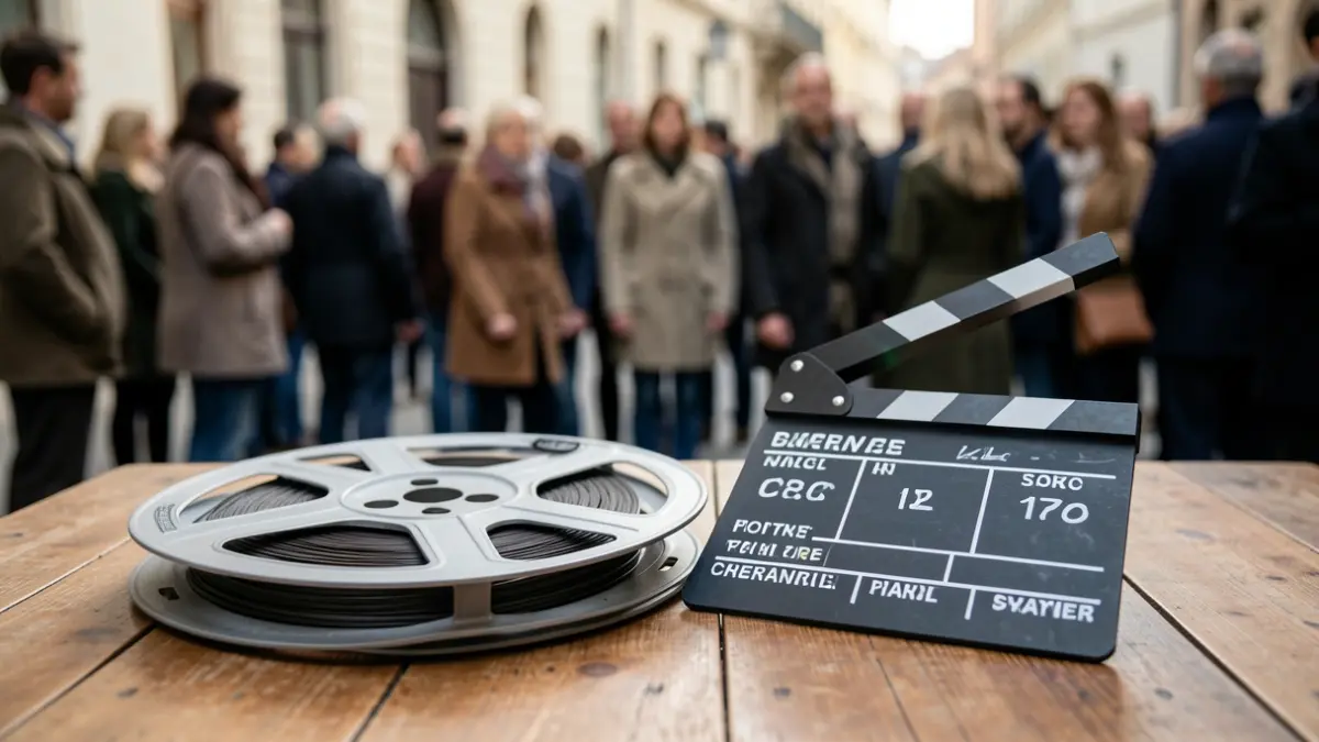 Generic image of a film reel and a clapperboard on a wooden table, with soft ambient light and shallow depth of field.