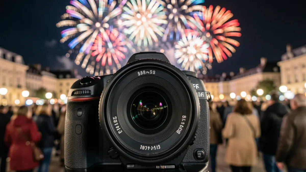 Generic image of a camera lens with blurred fireworks in the night sky.