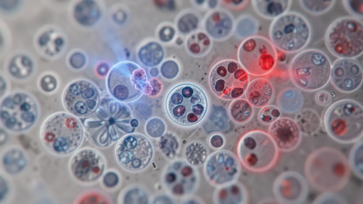 Imagen genérica de células bajo microscopio, algunas con un halo azul y rojo.