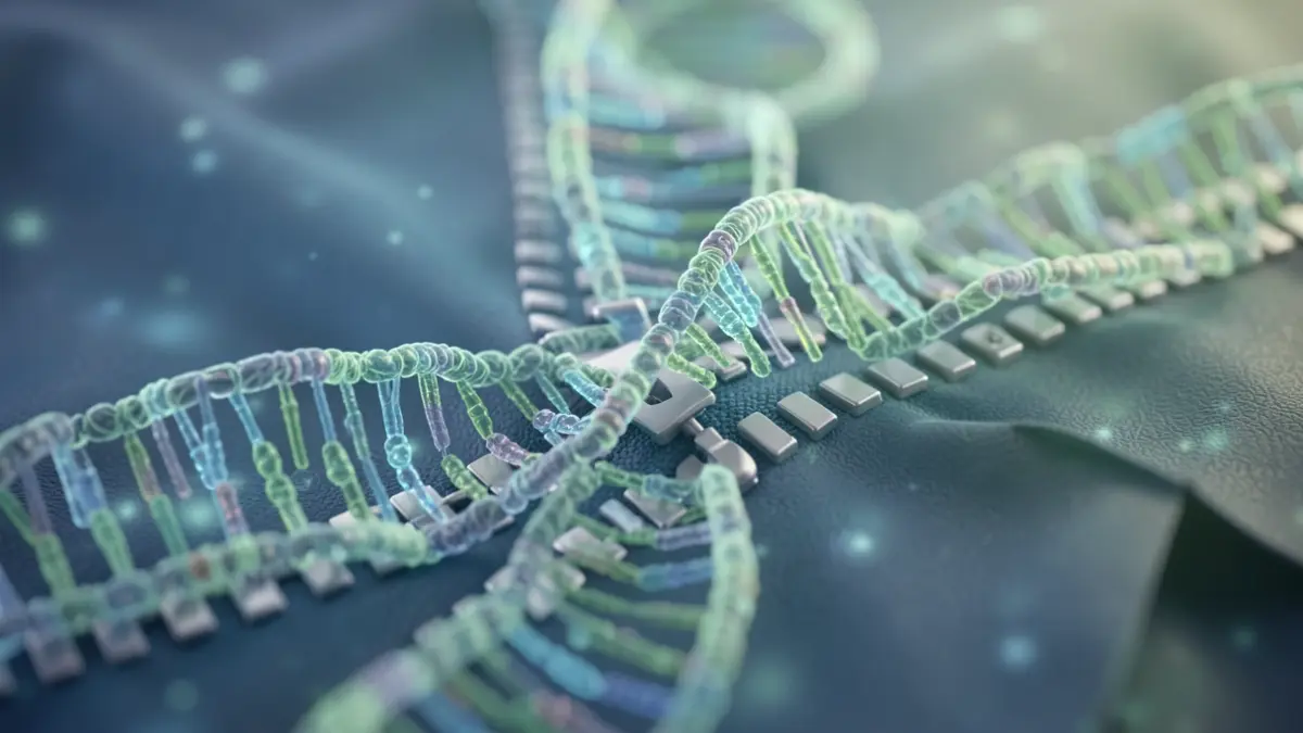 Representación abstracta de una cremallera molecular hecha de hebras de ADN, simbolizando la transferencia genética entre bacterias.