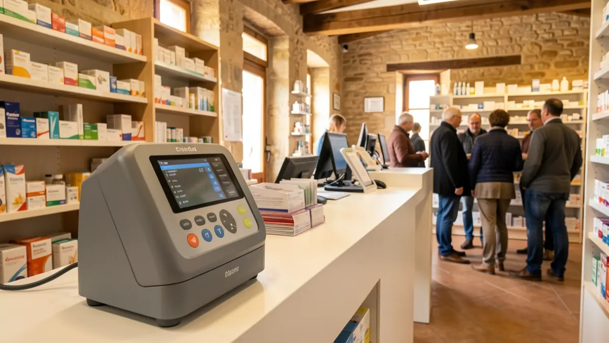 Imagen de un desfibrilador en una farmacia rural de la Comunidad de Madrid.