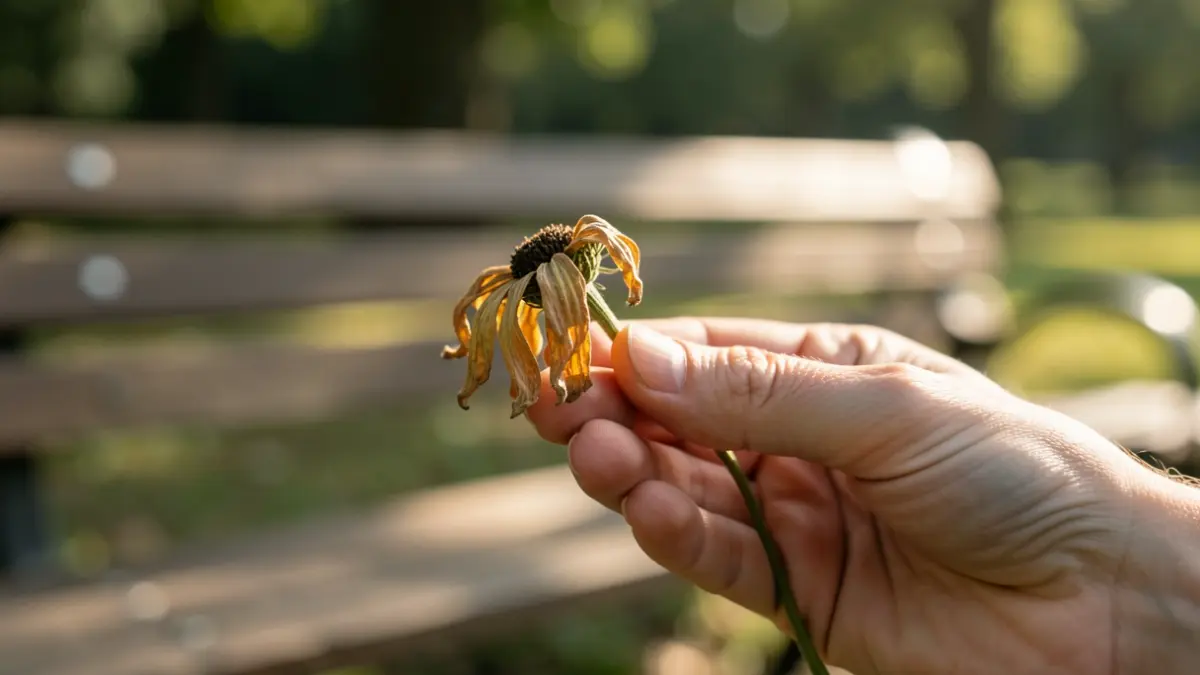 Image of a hand holding a wilting flower, symbolizing aging.