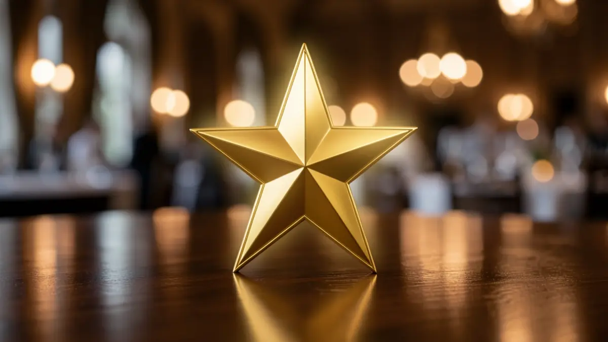 Generic image of a golden star trophy on a polished wooden surface, with blurred formal event lights in the background.