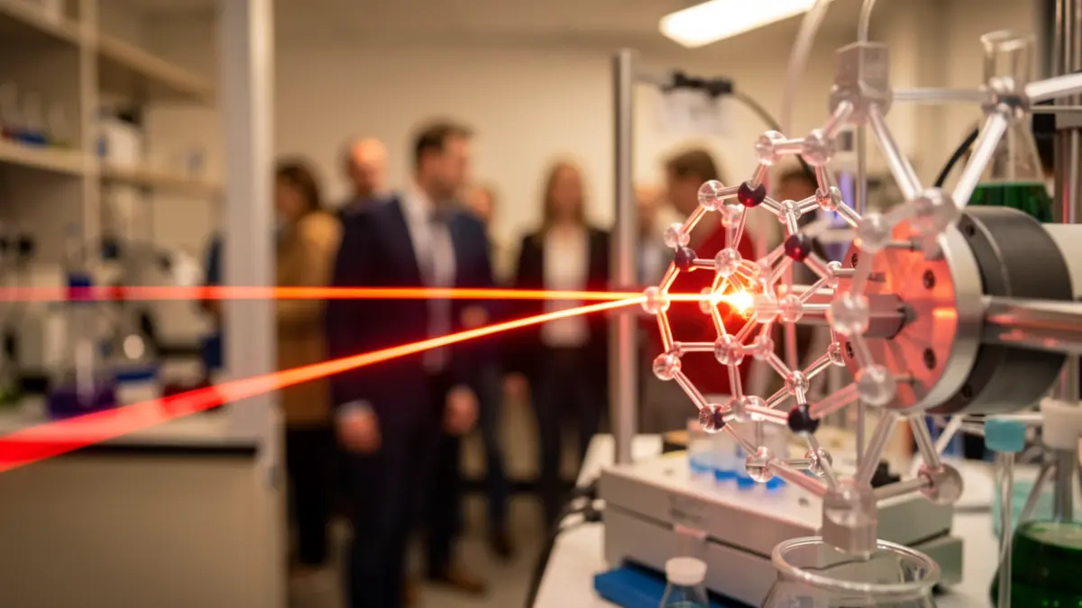 Image of a laser beam interacting with a molecular structure, representing attosecond technology.