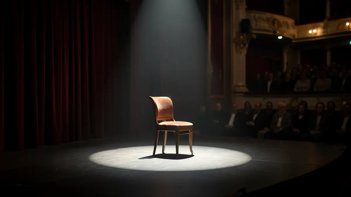 Imagen genérica de un escenario de teatro vacío con un foco de luz sobre una silla, evocando drama clásico.