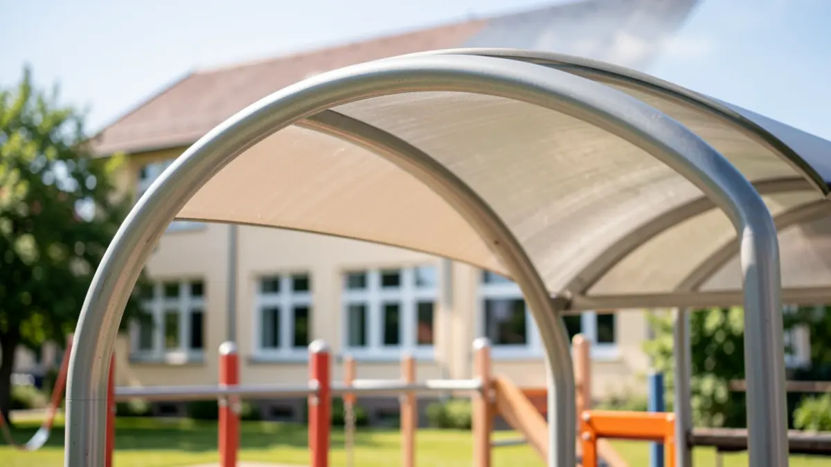 Generic image of a metal canopy creating a shaded area in a school playground.