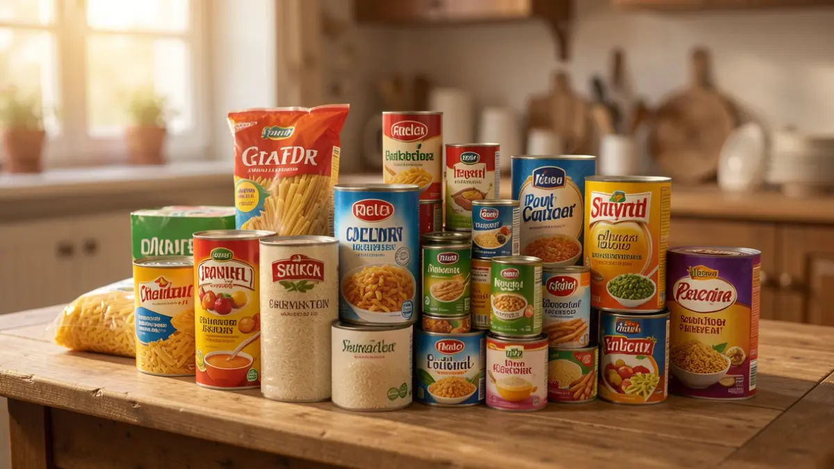 Imagen genérica de alimentos no perecederos apilados sobre una mesa de madera.
