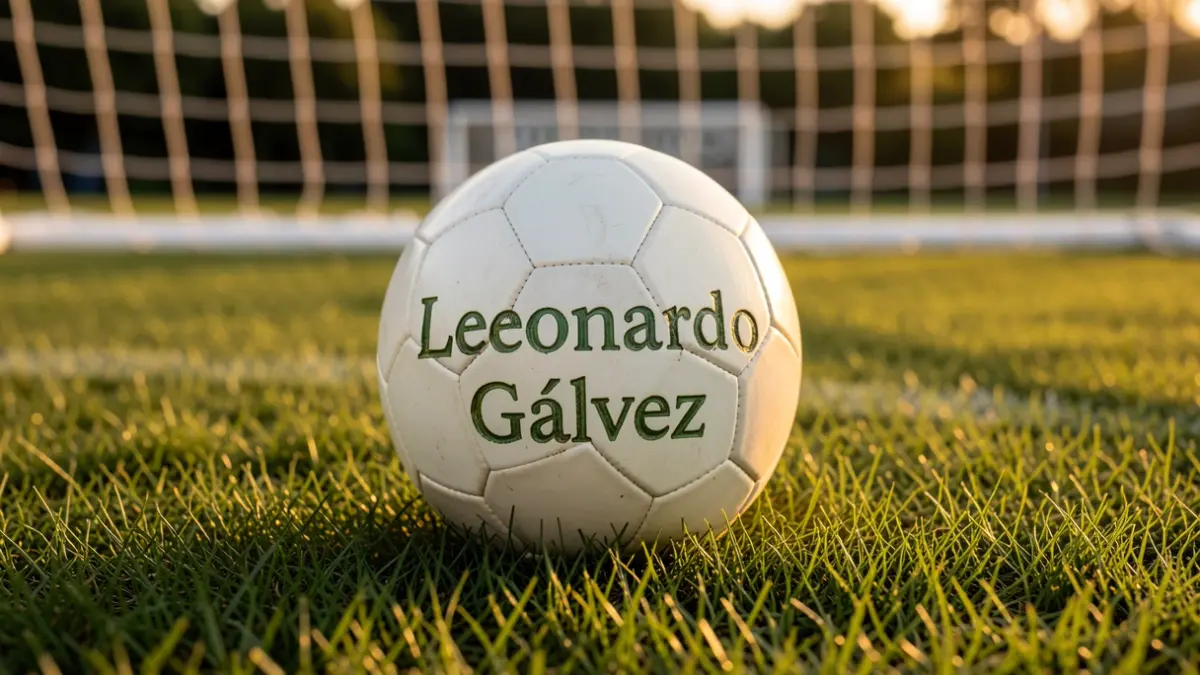 Image of a soccer ball on grass with the name 'Leonardo Gálvez' visible, goal net blurred in the background.