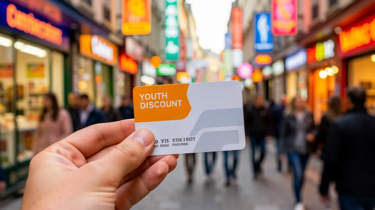 Generic image of a youth discount card in the foreground, with a blurred urban background suggesting leisure and shopping.