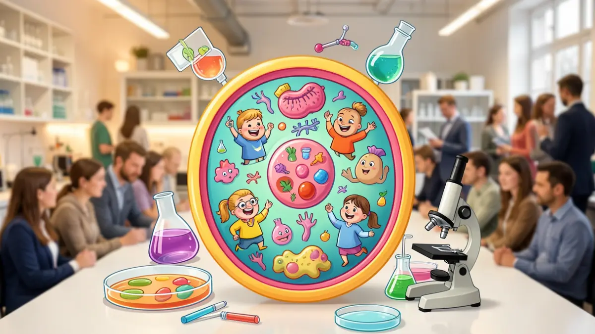 Illustration of a stylized, colorful cell surrounded by scientific tools, representing a science outreach activity.