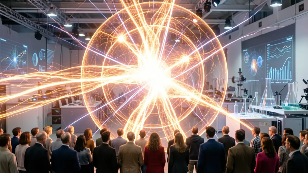 Generic image of an abstract concept of nuclear fusion research, with glowing plasma streams contained within a magnetic field.