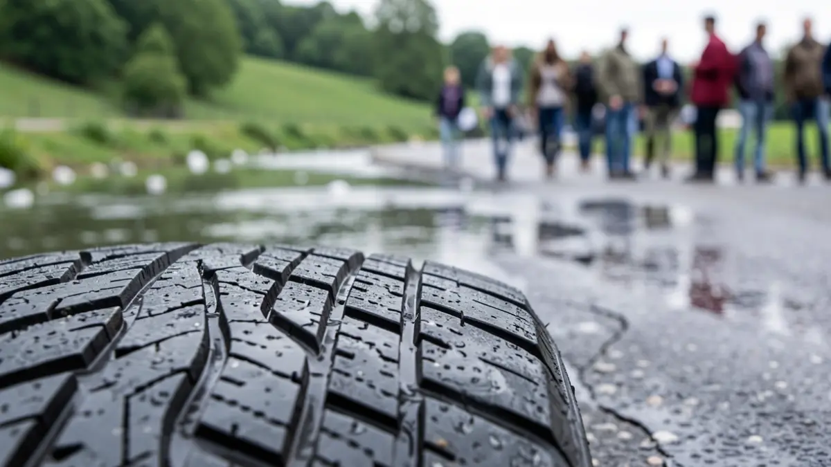 Generic image of close-up tire treads on wet asphalt, with blurred green landscape and water in the background.