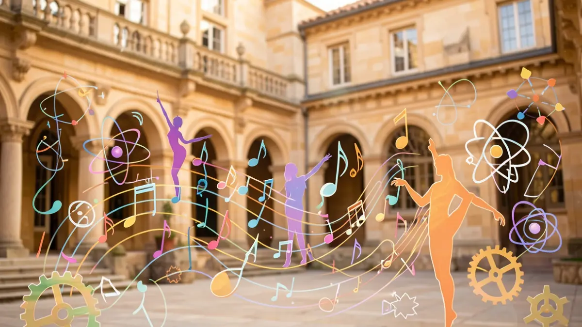 Generic image of a fusion of art and science with musical notes, dance silhouettes, and scientific symbols.